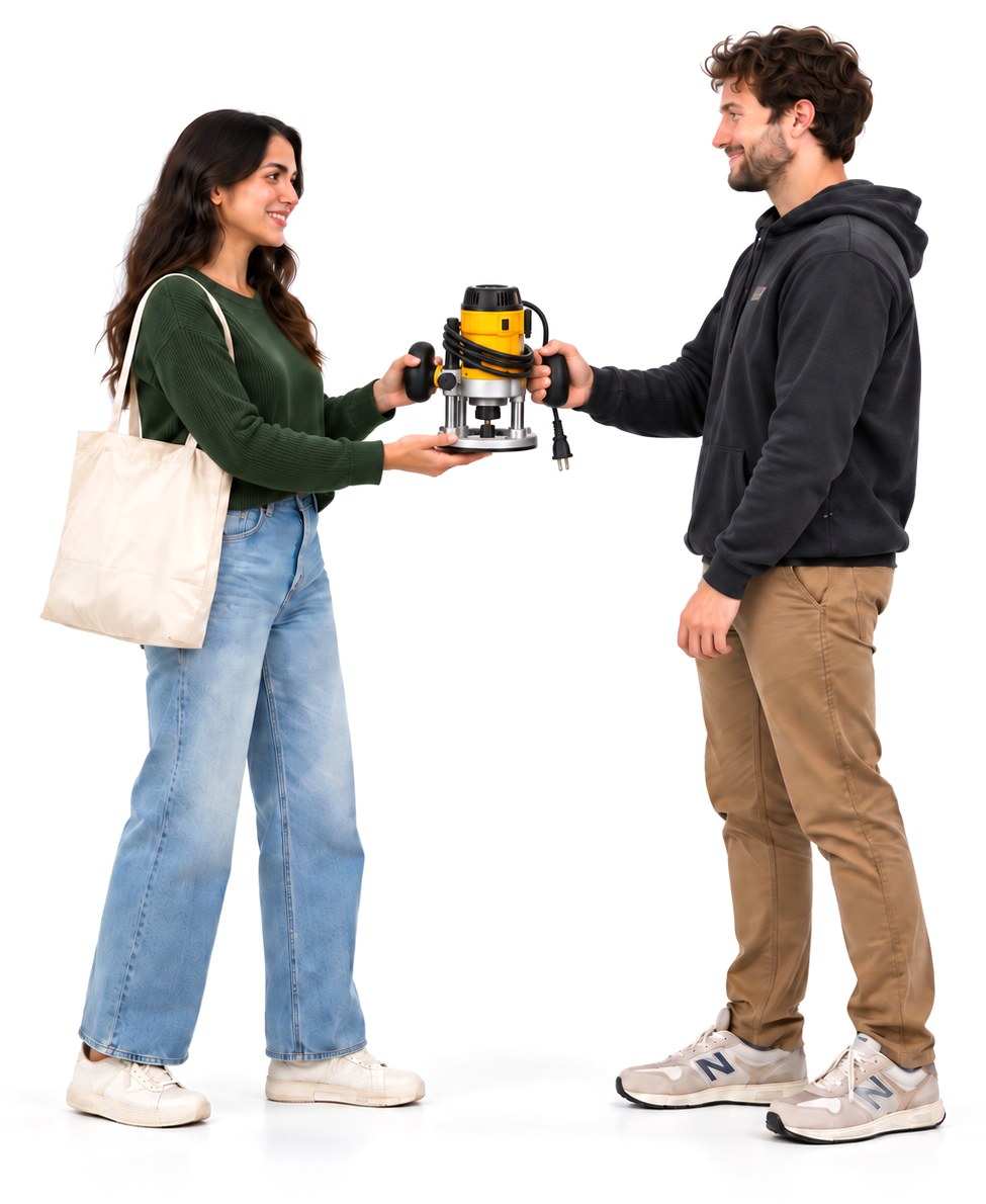 One neighbor handing a woodworking router to another