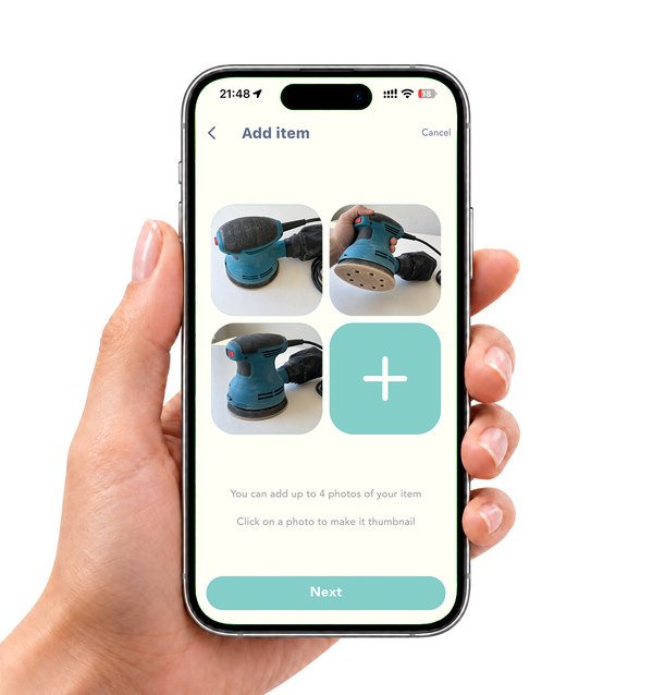 A hand holding a phone on the Hive5 Add item screen, with three photos of an orbital sander