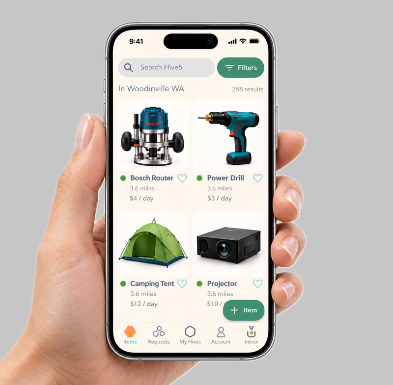 A hand holding a phone showing Hive5 listings: a Bosch router, a power drill, a camping tent, and a projector