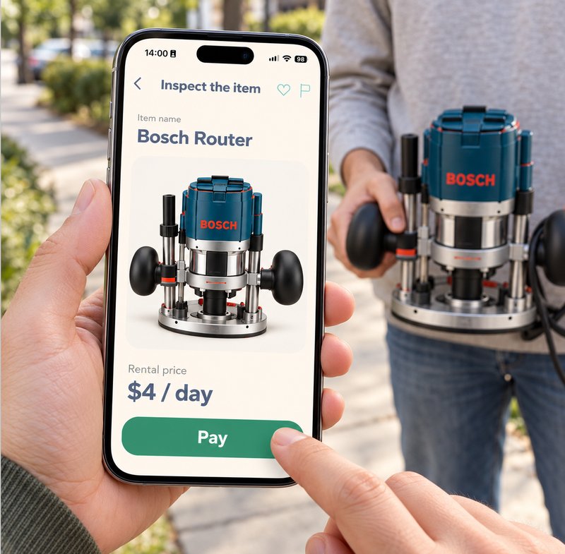A renter taps Pay on the Bosch router's inspection screen while the owner holds the router