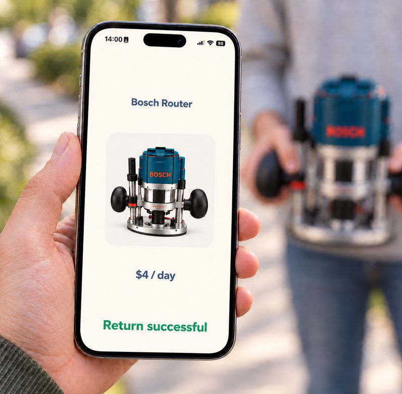 A phone showing Return successful for the Bosch router, with the owner holding it behind